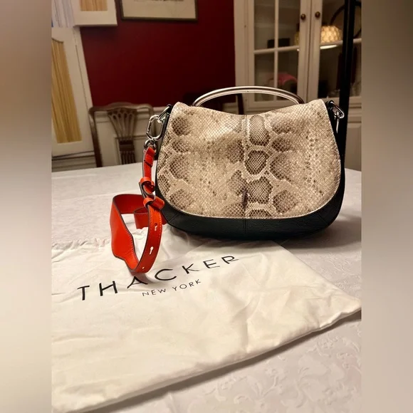 NWOT Thacker New York Snake Print Shoulder Bag - Black and Orange - Picture 1 of 15